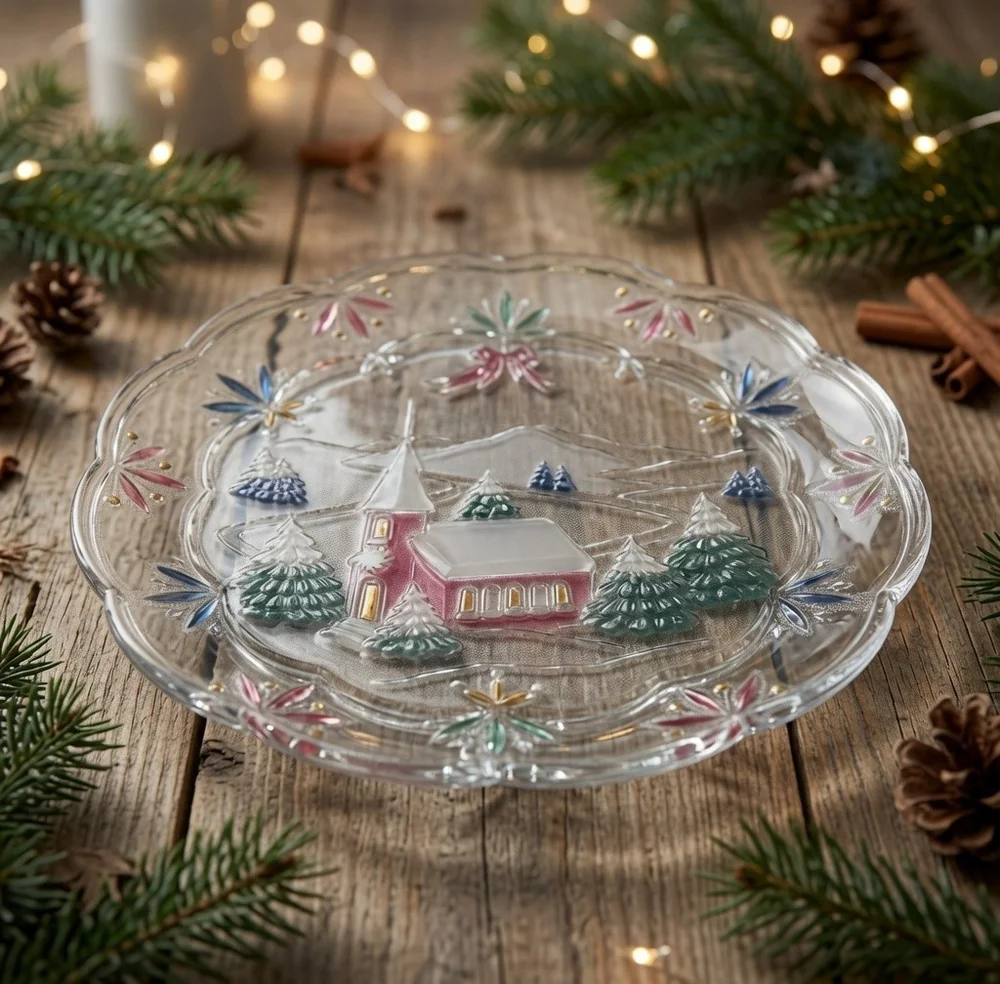 Studio Nova Winter Chapel Christmas Glass Serving Plate Vintage NIB